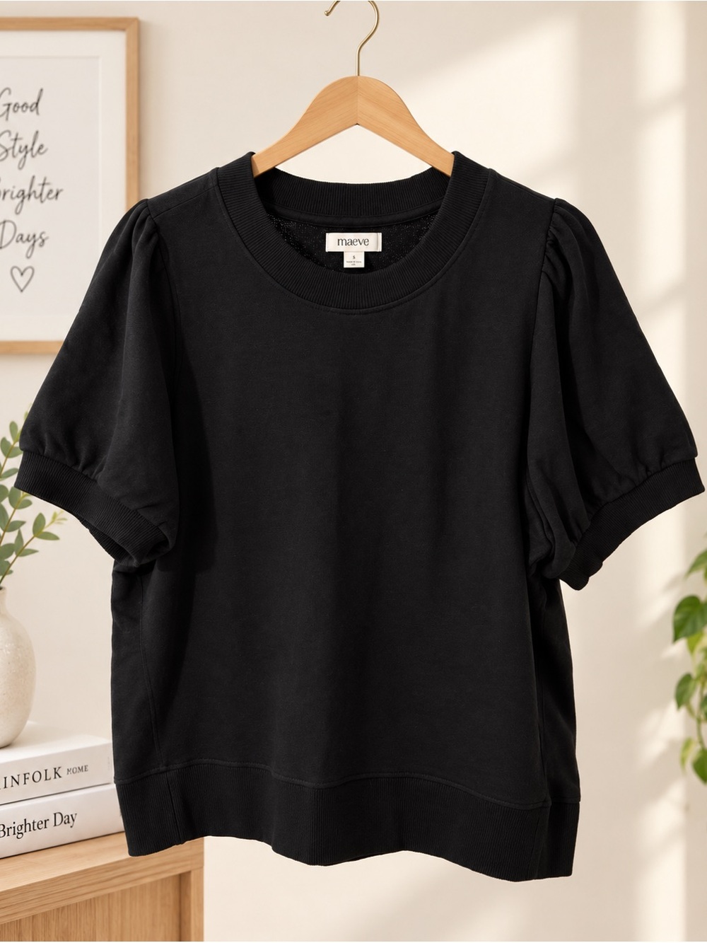 Maeve Black Short Puff Sleeve Crew Sweatshirt